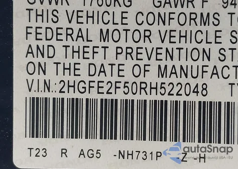 2024 Honda Civic Sport from USA, damaged, VIN 2HGFE2F50RH522048